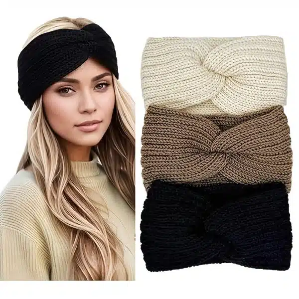 Lot de 3 bandeau en laine torsadée beige clair, brun et noir