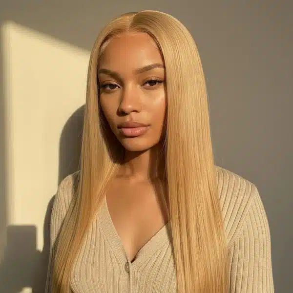 Perruque lace front blonde lisse en cheveux naturels avec dentelle transparente