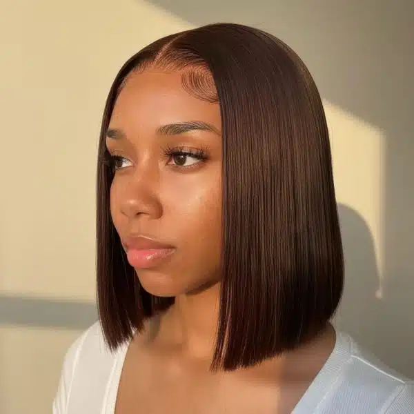 Perruque lace front brune chocolat droite avec dentelle pré-découpée