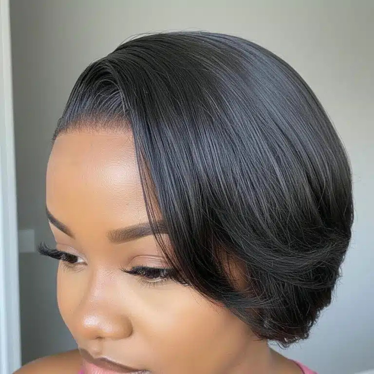 Perruque lace front courte noire lisse en cheveux naturels