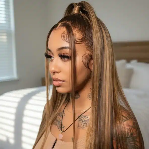 Perruque lace front longue lisse blonde honey en cheveux naturels avec baby hair