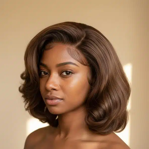 Perruque lace front ondulé châtain volumineuse en cheveux naturels