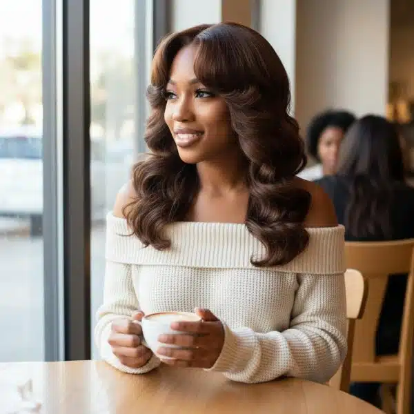 Perruque ondulée sans colle en cheveux brun chocolat avec dentelle transparente