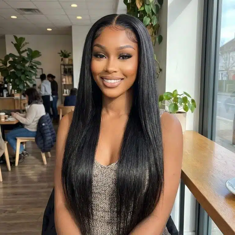 Perruque sans colle droite en cheveux naturels noire avec dentelle transparente