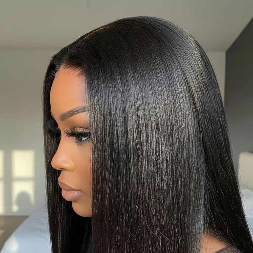 Perruque sans colle droite en cheveux naturels noire avec dentelle transparente