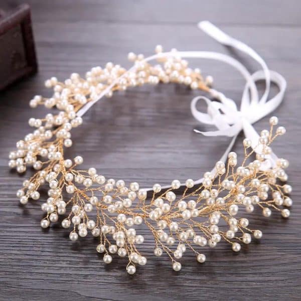 Bandeau de mariée à branchages de perles sur tiges dorées