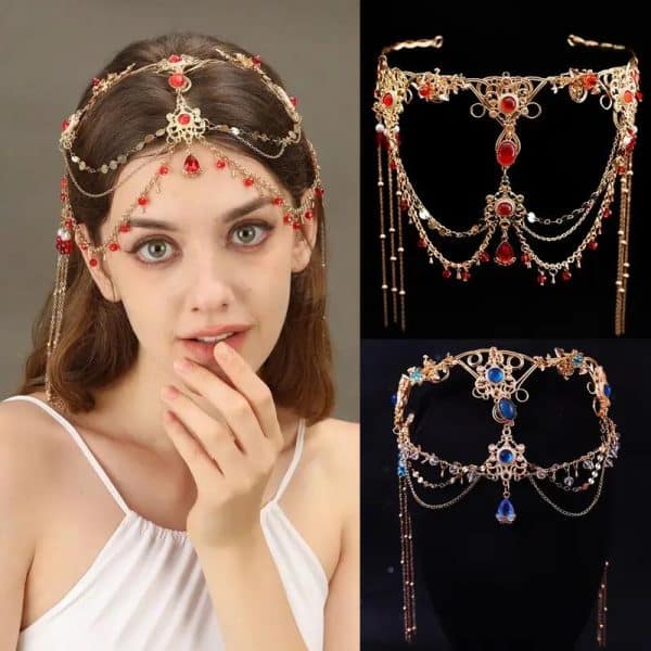 Bandeau de tête ornemental avec pierres décoratives et chaînes pendantes