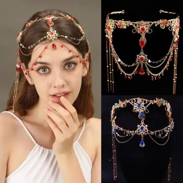 Bandeau de Tete Ornemental avec Pierres Decoratives et Chaines Pendantes