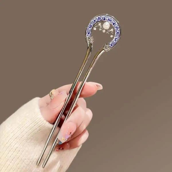 Bâton à cheveux en U avec nacre d'abalone irisée et strass