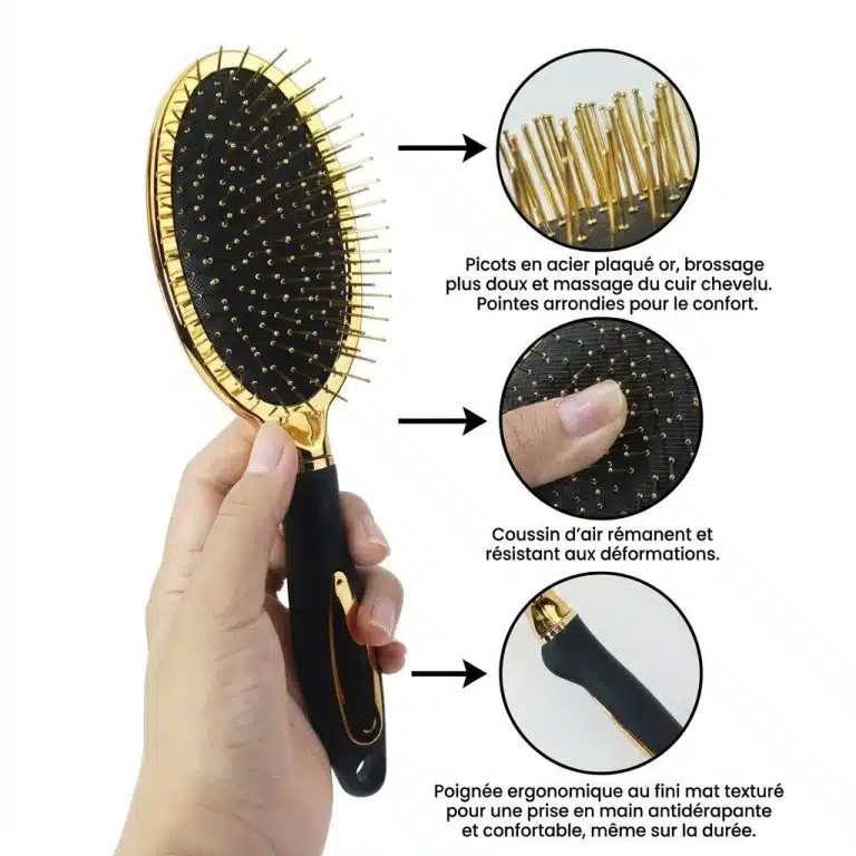 Brosse à cheveux avec coussin d'air et poignée ergonomique antidérapante dorée