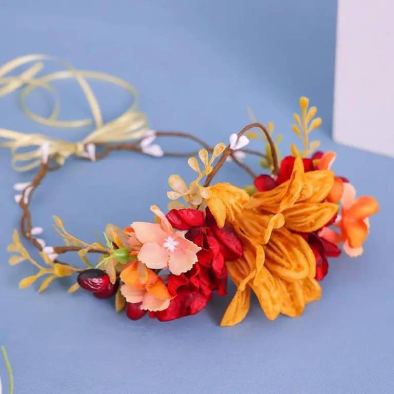 Couronne-Florale-a-Fleurs-Orange-et-Rouge-Bordeaux-avec-Perles-et-Ruban-galerie-1359