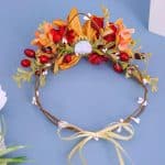Couronne-Florale-a-Fleurs-Orange-et-Rouge-Bordeaux-avec-Perles-et-Ruban-galerie-4953