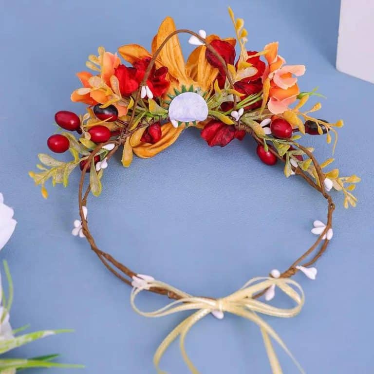 Couronne-Florale-a-Fleurs-Orange-et-Rouge-Bordeaux-avec-Perles-et-Ruban-galerie-4953