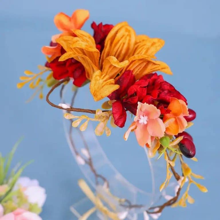Couronne-Florale-a-Fleurs-Orange-et-Rouge-Bordeaux-avec-Perles-et-Ruban-galerie-5866