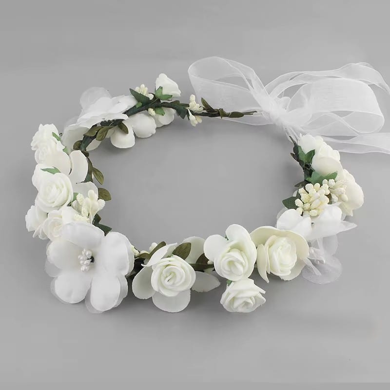 Coroncina floreale per capelli con rose in seta e nastri in organza