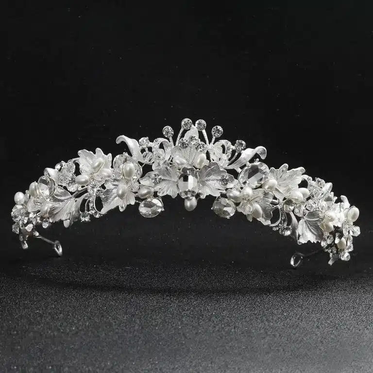 Diadème de mariage à fleurs avec perles nacrées et strass - Argenté