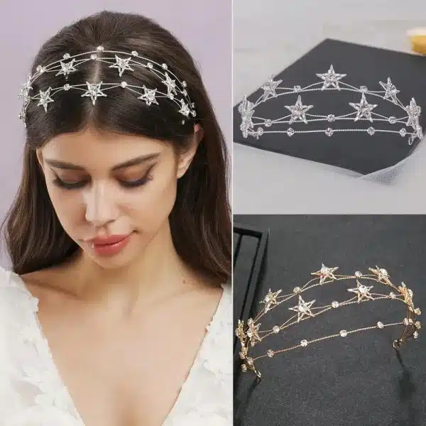Diadème de mariée orné de cristaux en forme d'étoiles et de strass