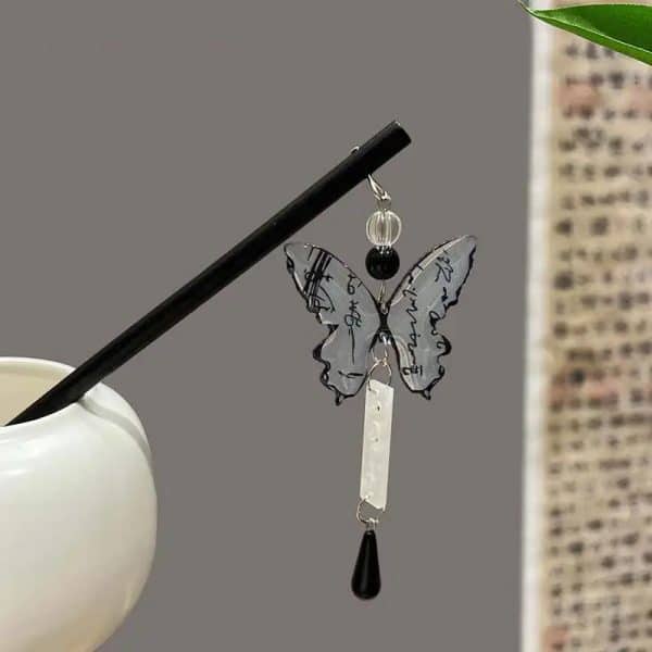 Épingle à cheveux décorative avec pendentif de papillon orné de calligraphie