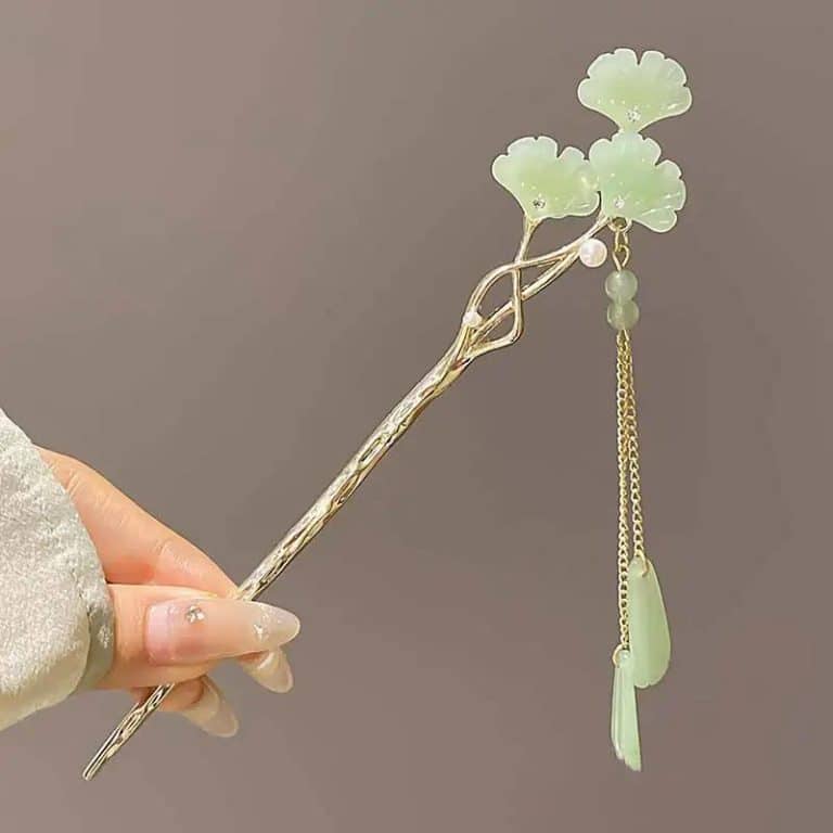 Epingle-a-Cheveux-Doree-Motifs-Vegetaux-avec-Feuille-de-Ginkgo-Vert-Jade-galerie-5205