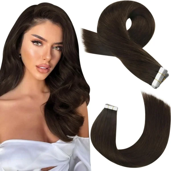 Extensions adhésives lisses brun foncé en cheveux naturels Remy