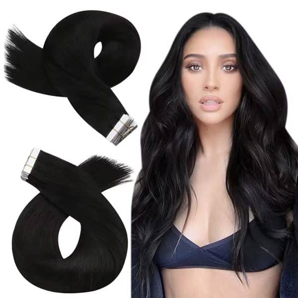 Extensions adhésives tape in lisses noires en cheveux humains Remy