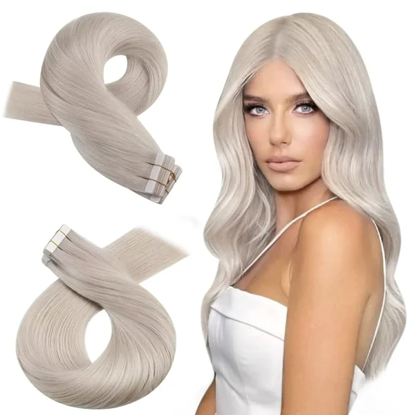 Extensions à bande adhésive invisibles lisses blond platine en cheveux naturels