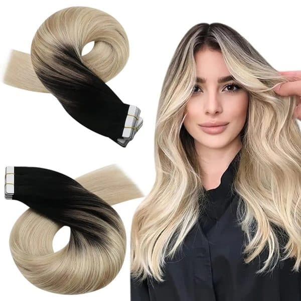 Extensions a bande adhesive en cheveux humains Noir a Brun a Blond Ombre