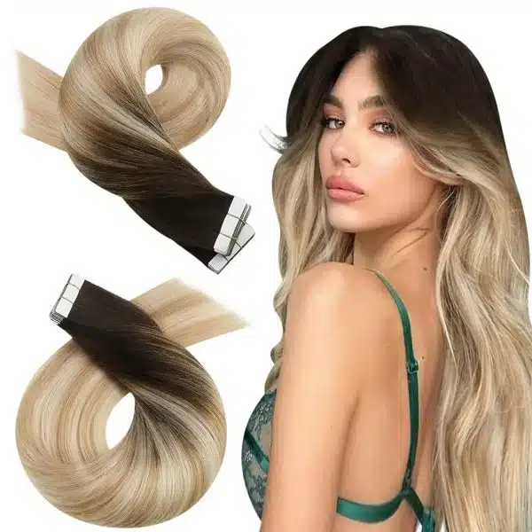 Extensions a bandes adhesives en cheveux naturels Balayage Brun Cendre avec Blond Platine