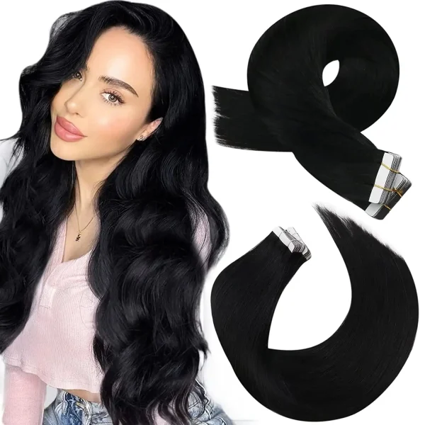 Extensions en cheveux humains Remy noir naturel lisse avec adhésif double face
