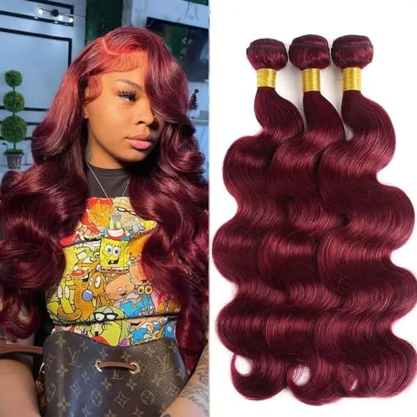 Extensions en tissage body wave bordeaux dense en cheveux humains