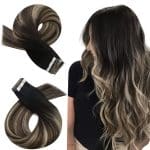 Extensions tape in en cheveux humains lisses brun naturel et balayage blond platine - 12596