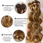 Mèches tissage cheveux humains body wave châtain avec reflets blond miel (3)