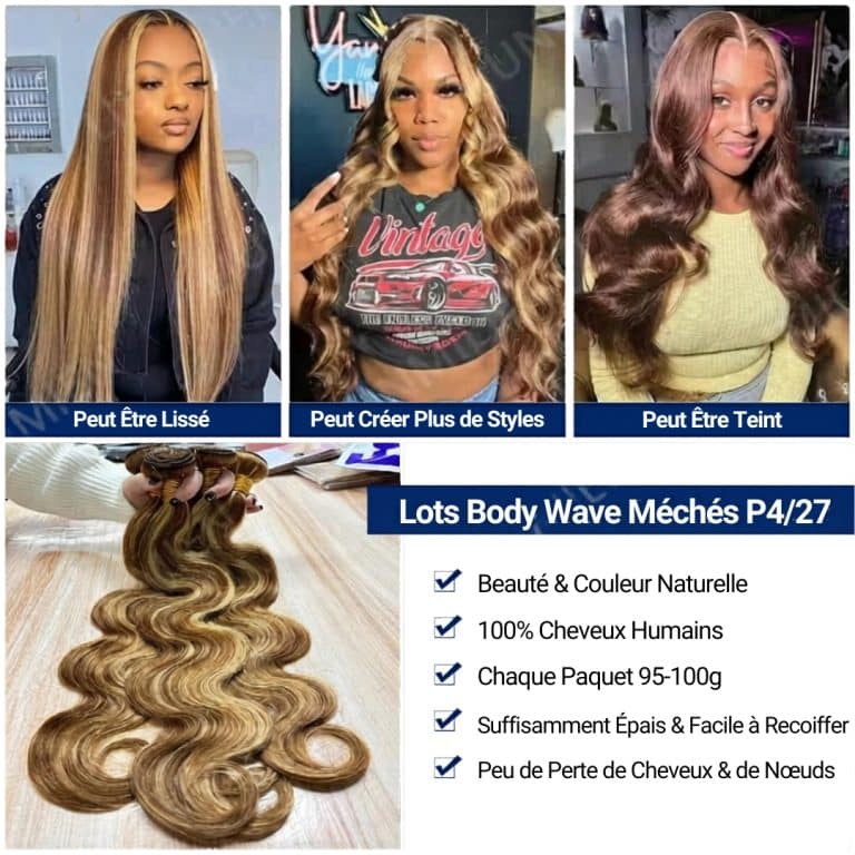 Mèches tissage cheveux humains body wave châtain avec reflets blond miel (5)