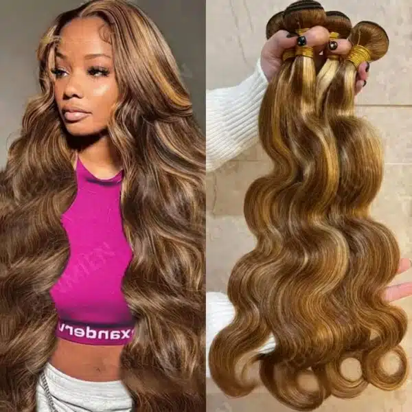Meches tissage cheveux humains body wave chatain avec reflets blond miel