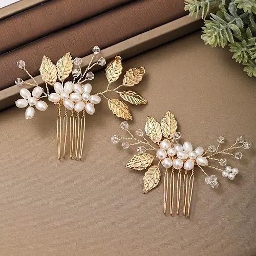 Peigne à cheveux décoratif avec perles nacrées et branches dorées