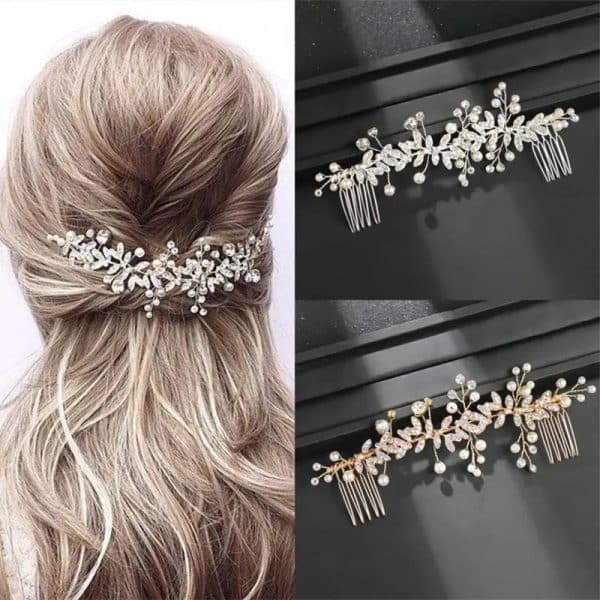 Peigne à cheveux double peigne avec strass et perles avec motif floral