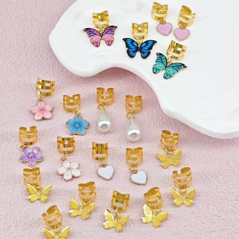 Cuentas decorativas de espiral dorada para trenzas con mariposas y flores
