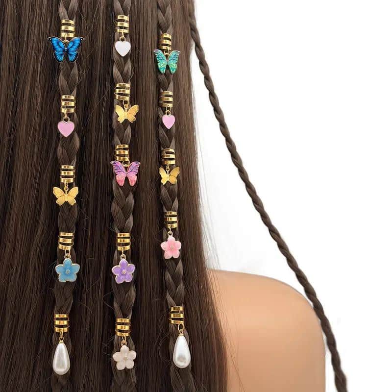 Cuentas decorativas de espiral dorada para trenzas con mariposas y flores