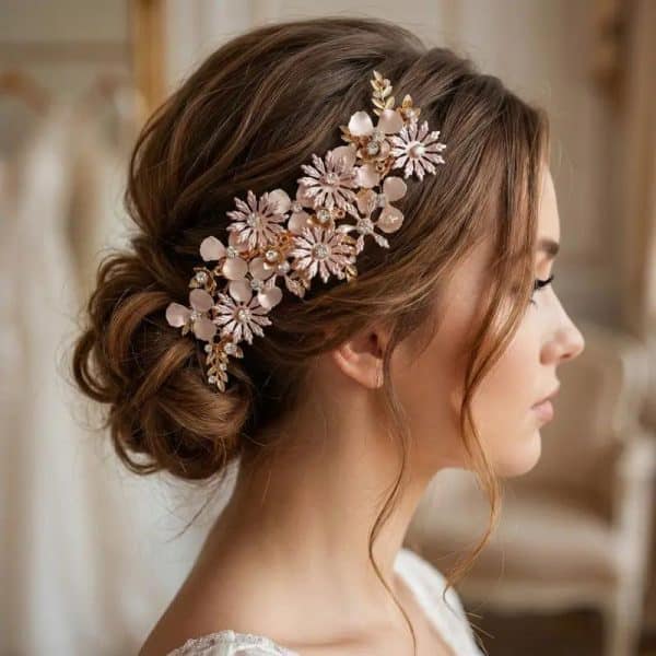 Pince à cheveux décorative florale avec strass et finition nacrée