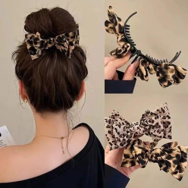 Pince à cheveux nœud double à motif léopard