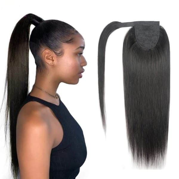 Postiche queue de cheval à clip en cheveux humains Remy lisses noir naturel