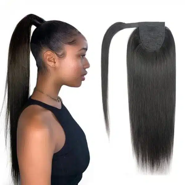 Postiche queue de cheval à clip en cheveux humains lisses noir naturel