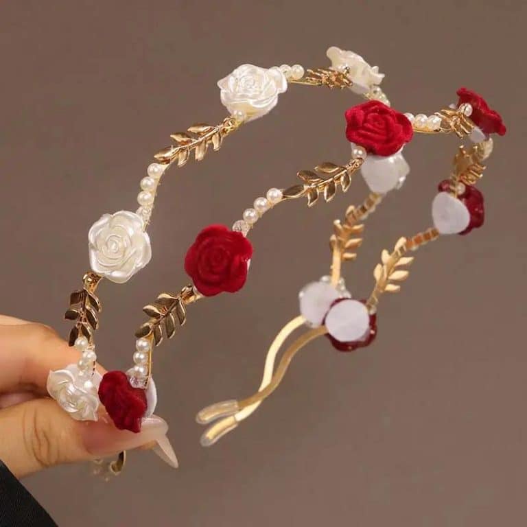 Serre-tete-Floral-Rouge-et-Blanc-en-Metal-Dore-avec-Perles-Nacrees-galerie-1151