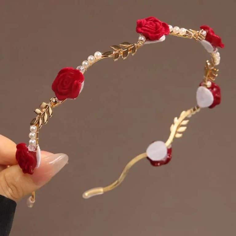 Serre-tete-Floral-Rouge-et-Blanc-en-Metal-Dore-avec-Perles-Nacrees-galerie-2228