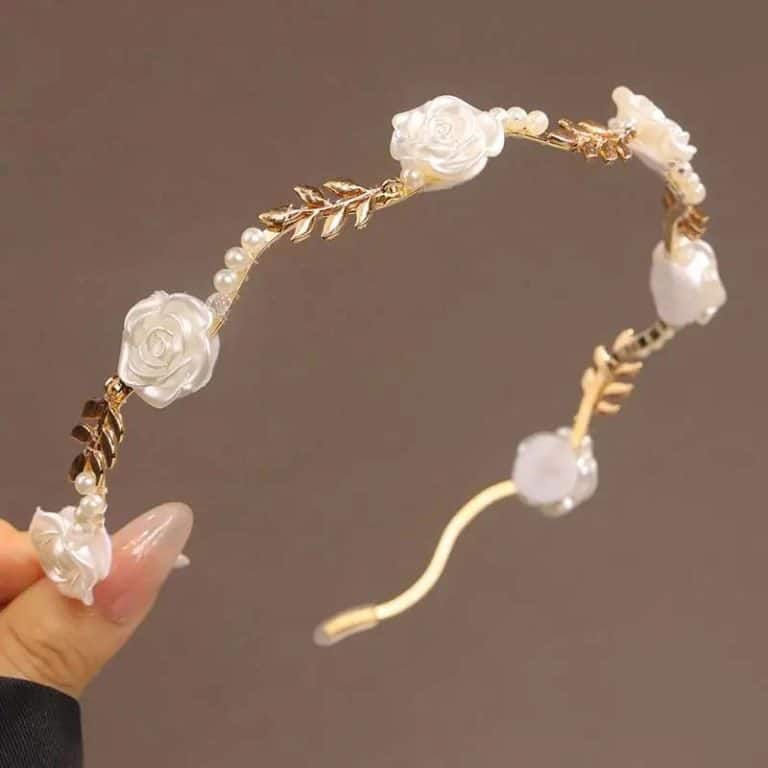 Serre-tete-Floral-Rouge-et-Blanc-en-Metal-Dore-avec-Perles-Nacrees-galerie-8626