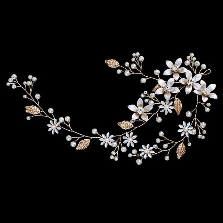 Vigne florale de mariée en fil doré avec perles nacrées (2)
