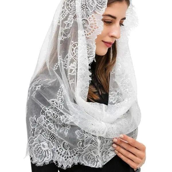 Voile de tête en dentelle avec bordure florale en tulle semi transparent
