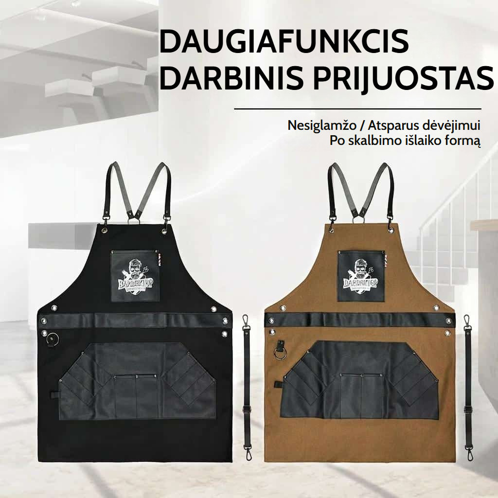 Medvilninio audinio barzdaskučio prijuostė su reguliuojamais kryžminiais dirželiais