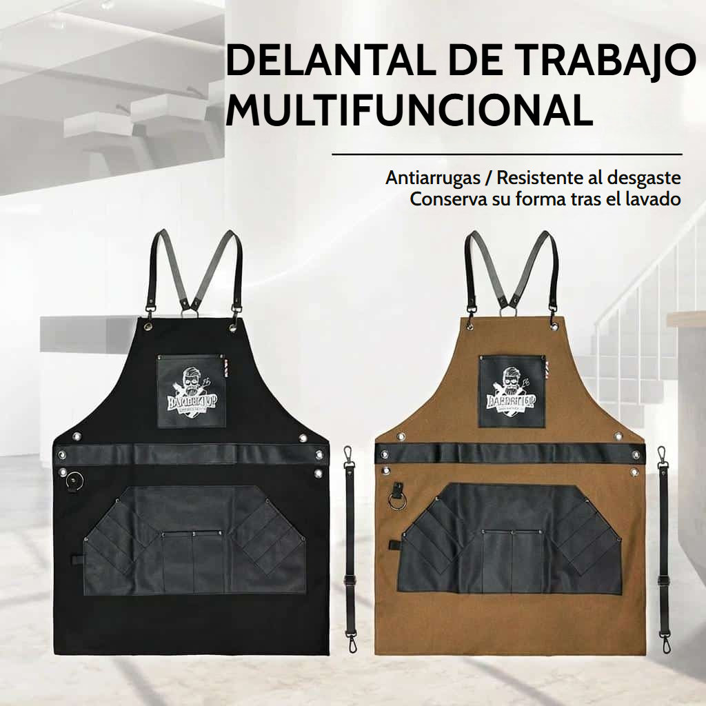 Delantal de barbero de lona de algodón con tirantes cruzados ajustables