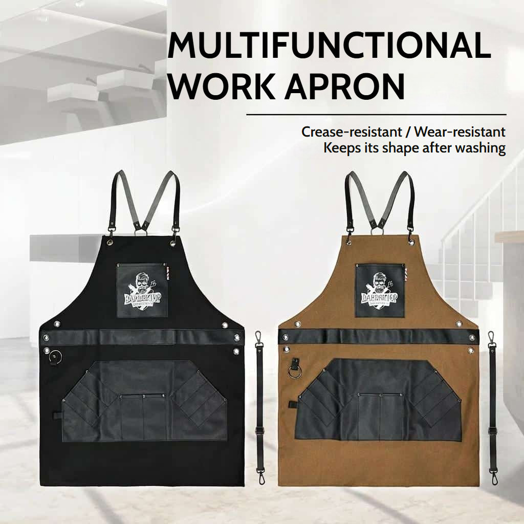 Cotton canvas barber apron with adjustable crossback straps
